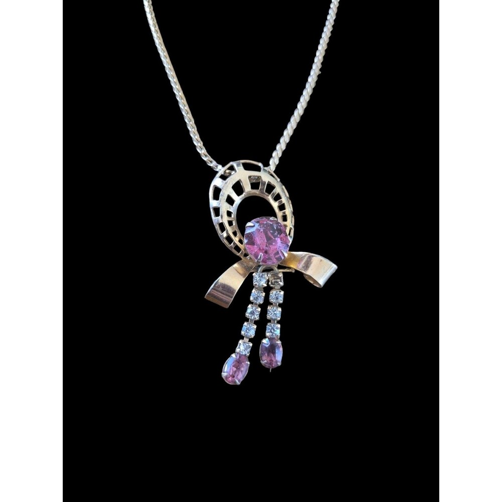 Vintage 1950s Signed SCITARELLI Pink & Crystal Rhinestone Bow Pendant Necklace